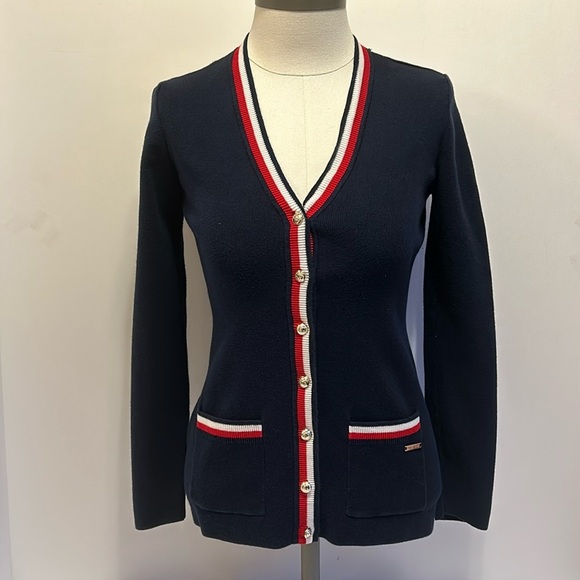 Tommy Hilfiger Navy Red White Blue Long Sleeve Button Down Cardigan Wom XS - Picture 1 of 10